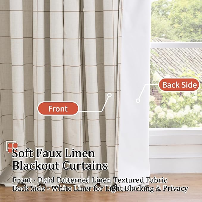 Brown Linen Blackout Curtains for Living Room - Boho Plaid Pattern Thermal Insulated Grommet Cottage Core Window Treatments Rustic Drapes for Farmhouse, 52x84 Inch 2 Panels