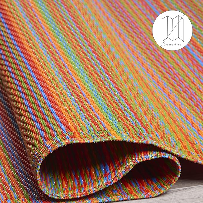 Fab Habitat Striped Outdoor Rug - Waterproof, Fade Resistant, Crease-Free, Reversible - Premium Recycled Plastic - Patio Porch Balcony Deck - Cancun Multicolor - 8x10 ft