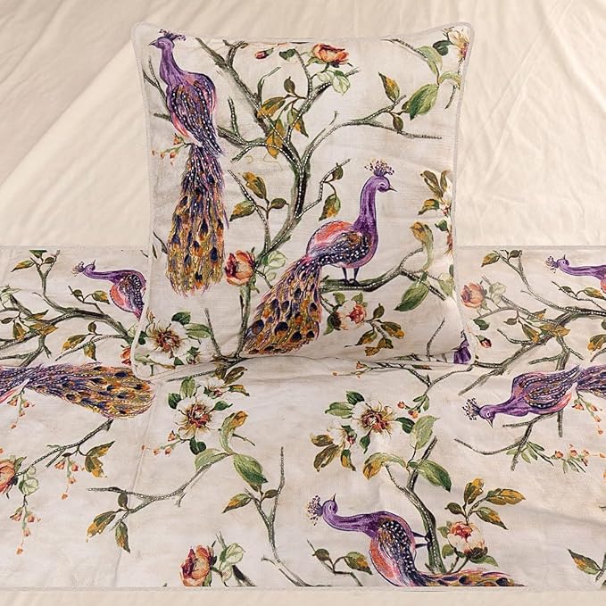 The HomeCentric King Queen Twin Ivory & Multicolor Decorative Twin 53"x18" Bed Runner with Pillow Cover, Peacock Bed Scarf on Cotton Printed with Beads Fabric - Peacock Queen
