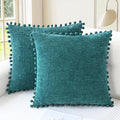 CaliTime Throw Pillow Covers Decorative 20 X 12 Inches Pack of 2 Cozy Solid Dyed Soft Chenille Cushion Cases with Pom Poms for Couch Sofa Bed Living Room Home Teal