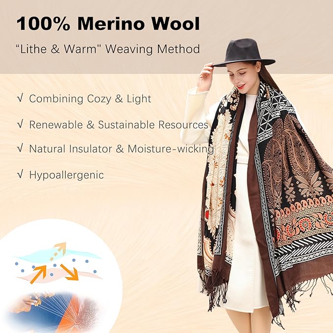 DANA XU 100% Merino Wool Pashmina Shawl for Women 96"x43", Oversized Cashmere Wrap with Tassels, Floral Travel Blanket Cape