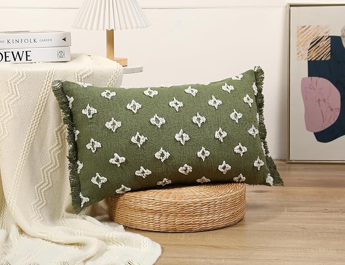Boho Long Lumbar Pillow Cover 14x26 with Tassel,3D Flower Patterned Cotton Decorative Long Lumbar Pillow Cover Pillow Case for Sofa Couch Bed Livingroom Farmhouse,Sage Green