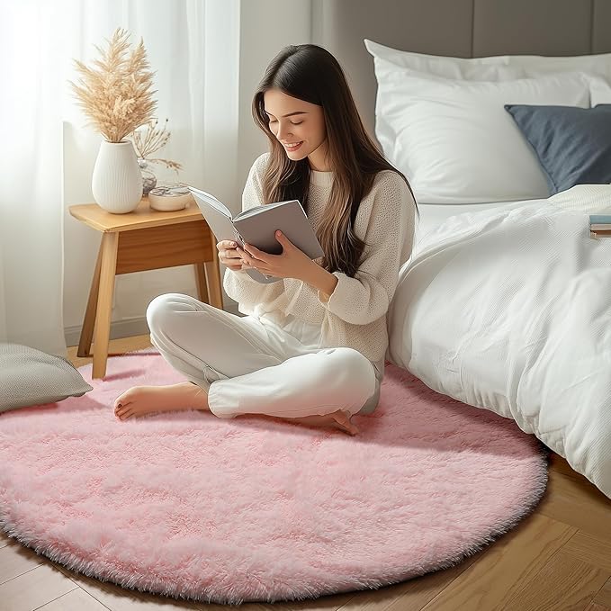 ONASAR Light Pink Round Area Rugs 3ft for Bedroom Living Room, Fluffy Cat Dog Bed Mat, Washable Circle Rug for Kids Girls Boys Teen, Soft Plush Shaggy Carpet for Nursery Dorm Home Decor Aesthetic