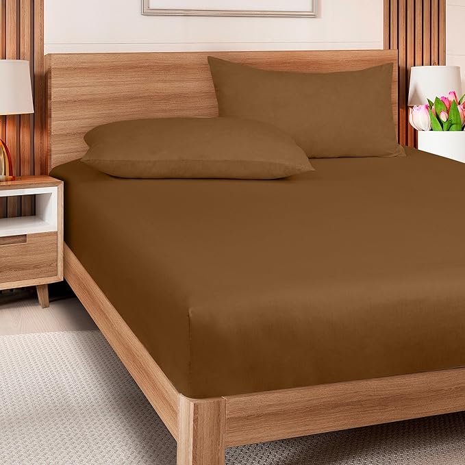 ROYALE LINENS 300 Thread Count 100% Long Staple Combed Cotton Fitted Sheet Twin - Super Soft Deep Pocket Bottom Sheet - Fitted Sheets Only - Elastic Sheets (Twin, Chocolate)