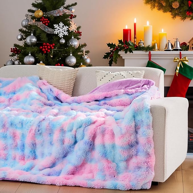 Lotus Karen Faux Fur Throw Blanket Tie-Dye Purple Rainbow - Big Bubble Rabbit Fluff Blanket for Couch, Large Fluffy Fuzzy Cozy Blanket,Thick Furry Plush Shaggy Blankets,90x90 Inches
