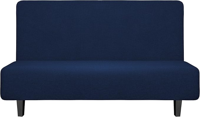 Easy-Going Stretch Futon Slipcover Armless Futon Bed Cover Furniture Protector Without Armrests with Elastic Bottom for Kids, Soft Jacquard Fabric Small Checks (Medium, Navy)
