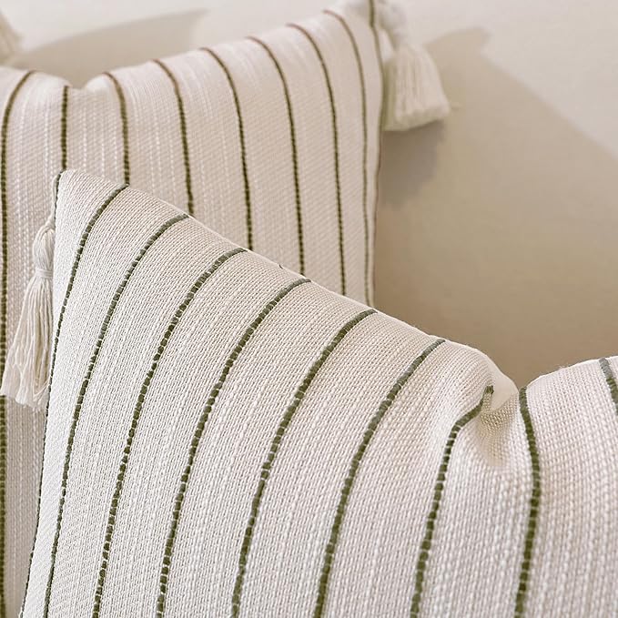 Boho Throw Pillow Covers 20x12 Inch Set of 2, Textured Linen Striped Lumbar Cushion Covers with Tassels, Soft & Cozy Farmhouse Decor Pillow Cases for Sofa, Couch, Bed, Living Room, Green