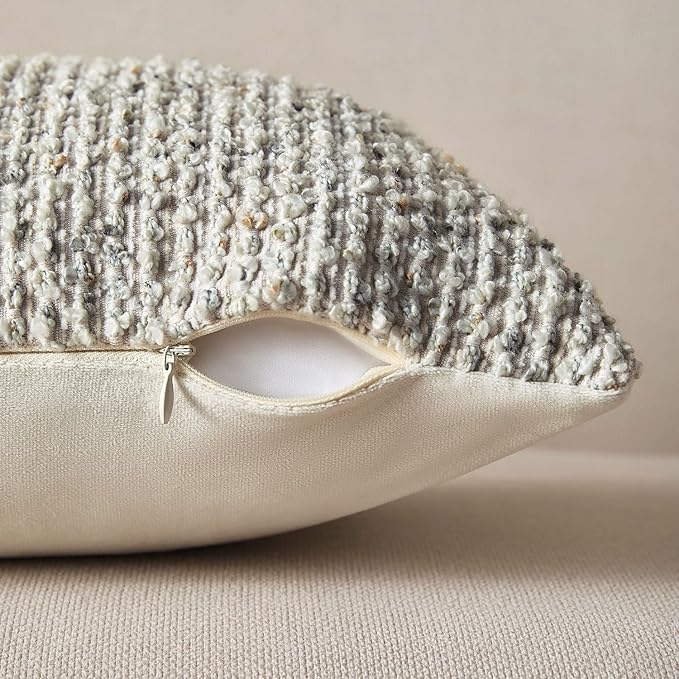 Decorative Couch Throw Pillow Covers 18x18 Cream Gray Striped Soft Wool Pillow Covers Neutral Textured Boho Cushion Covers for Modern Farmhouse Sofa Bedroom Living Room Decor SY011-B18