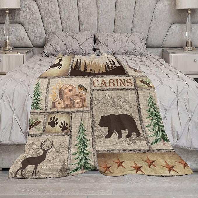 Rustic Cabin Bear Blanket, Lake Country Lodge Bear Deer Forest Farmhouse Camp Print Soft Warm Cozy Lightweight Decorative Blanket for Couch Bed Sofa Travel, 30"x40"