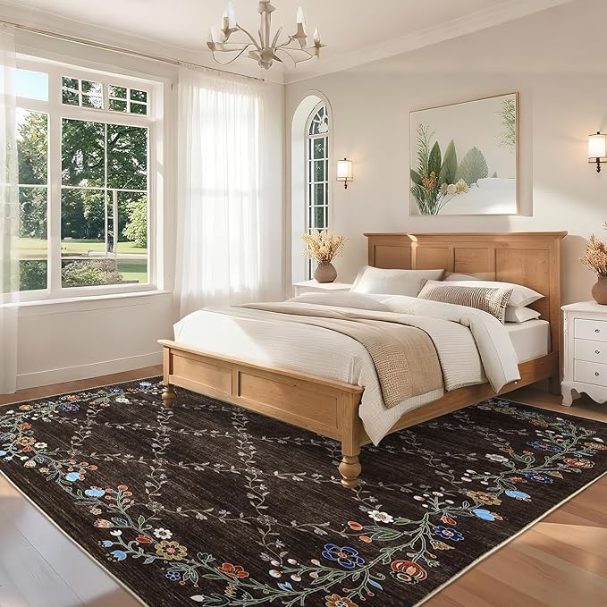 GarveeHome 10x13 Washable Floral Area Rugs for Living Room: Modern Floral Non Slip Large Area Rugs for Bedroom, Large Machine Washable Living Room Low Pile Carpet with Non-Slip Backing Brown 10'x13'.