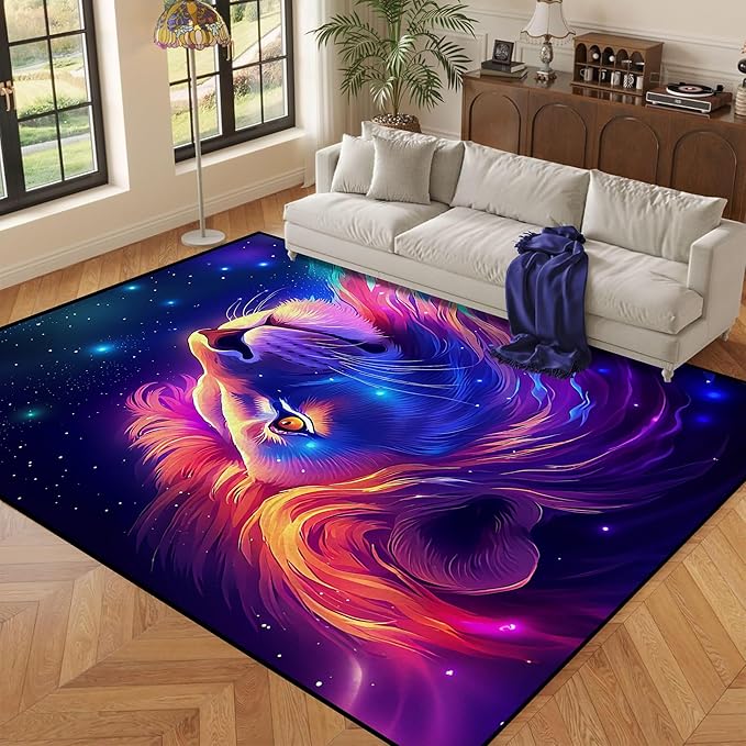 6' x 9' Galaxy Lion Rug Large 3D Fierce Lions Space Area Rugs for Kids Bedroom Living Room Playroom Gameroom Boys Glitter Carpet Throw Rugs Floor Mat,180 X 275cm