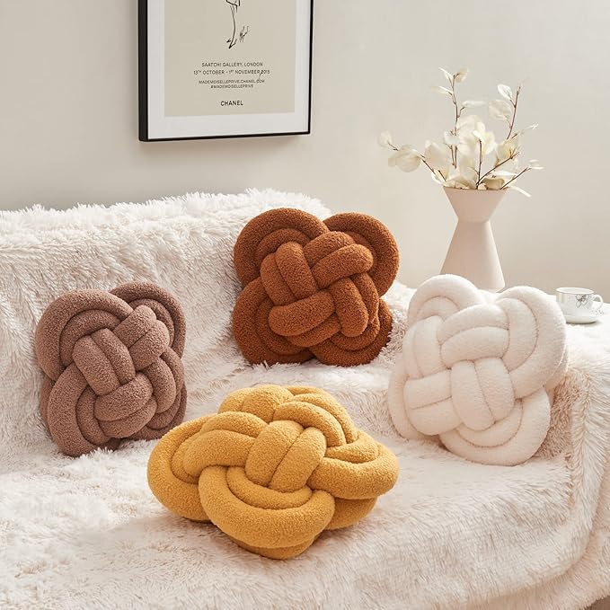 Xiashrk Knot Pillow Ball, 12" Soft Decorative Throw Pillows for Couch Bed, Dark Khaki Knotted Plush Throw Pillow Handmade Square Cushion Home Couch Decor Pillows for Living Room