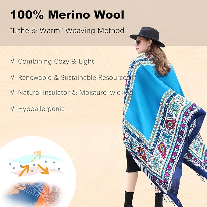 DANA XU 100% Merino Wool Pashmina Shawl for Women 96"x43", Oversized Cashmere Wrap with Tassels, Floral Travel Blanket Cape