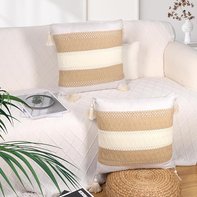 Boho Throw Pillow Covers 18x18in Set of 2,Beige Neutral Pillow Case with Tassel for Large Couch Sofa Room Home Indoor Outdoor Holiday Decorations