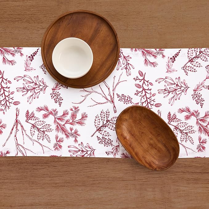 Solino Home 100% Pure Linen Christmas Table Runner 144 Inches Long - Red/White Table Runner 14 x 144 Inch - Handcrafted and Machine Washable - Winter Forest Print