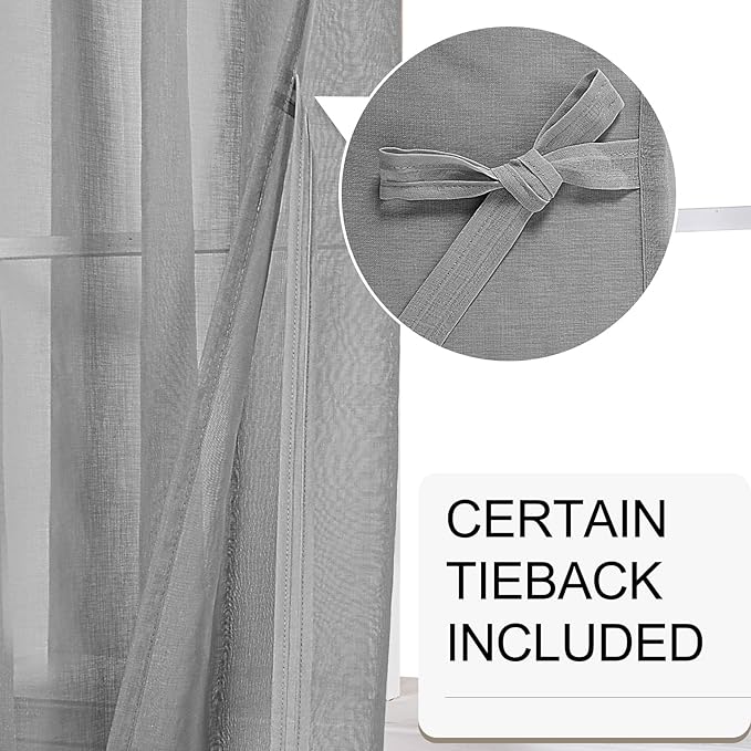 XWZO Grey Sheer Curtains 90 Inches Long for Bedroom, Faux Linen Light Filtering Voile Textured Grommet Window Curtains for Living Room/Office/Kids Room with Tiebacks, W52 x L90, Set of 2 Panels,Adult
