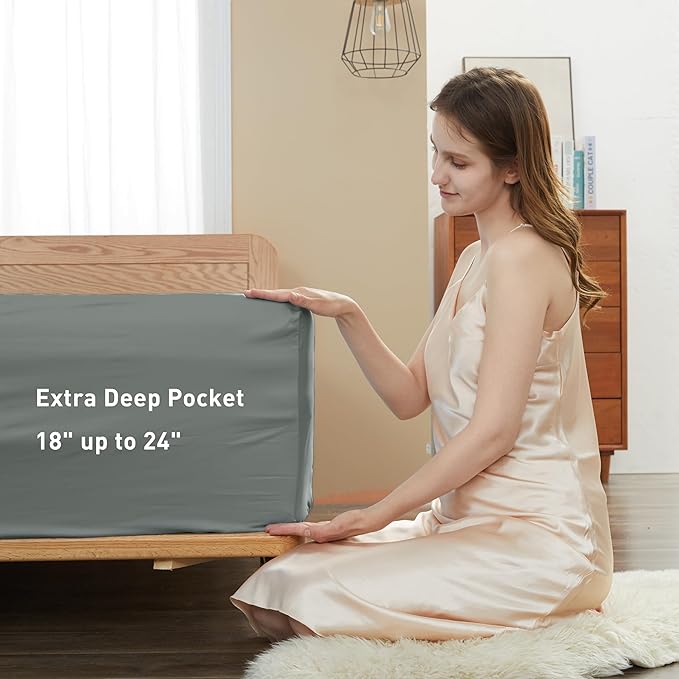 Sunflower King Fitted Sheet, 1-Piece Extra Deep Pocket Fitted Bottom Sheet 19", 100% Cotton Sateen Soft Breathable, Ultimate Gray