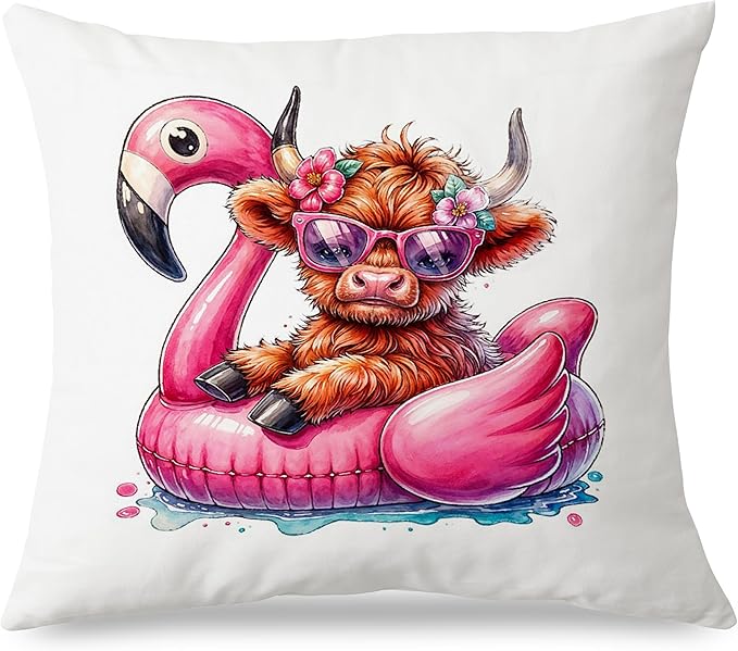 Funny Summer Heifer Cow Flamingo Pillow Covers 18x18, Cow Decorations for Home, Hot Pink Tropical Flamingo Western Cows Throw Pillow Covers for Couch Bed Home Bedroom Living Room