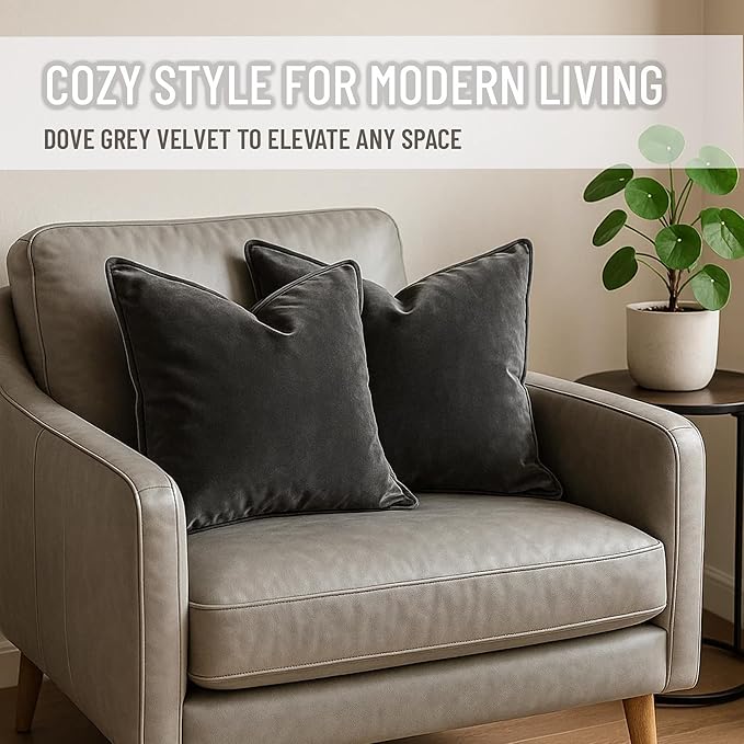 2 Pack Velvet Decorative Throw Pillow Covers, 12"x20", Deep Grey, Solid, Modern, Contrast Piping, Indoor Use, Bedroom & Living Room