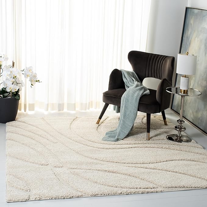 SAFAVIEH Florida Shag Collection Area Rug - 12' Square, Creme & Creme, Striped Design, Plush 1.2-inch Thick, Ideal for High Traffic Areas in Living Room, Bedroom, Dining (SG471-1111-12SQ)