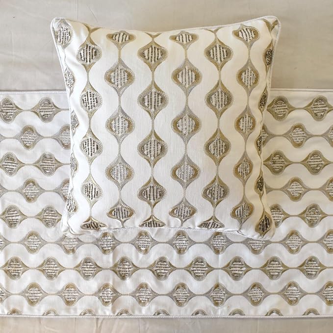 Mahsa Decorative Bed Runner - Beige, 86"x18", Embroidery, Geometric, Beaded Hand Embroidery on Linen Fabric - King/Queen/Twin