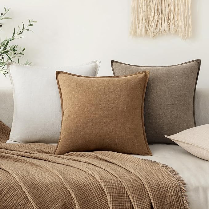 EMEMA Decorative Linen Throw Pillow Covers 18x18 Inch Brown Boho Farmhouse Neutral Couch Throw Pillows for Bed Pack of 2 Accent Pillowcase Modern Sofa Cushion Livingroom Home