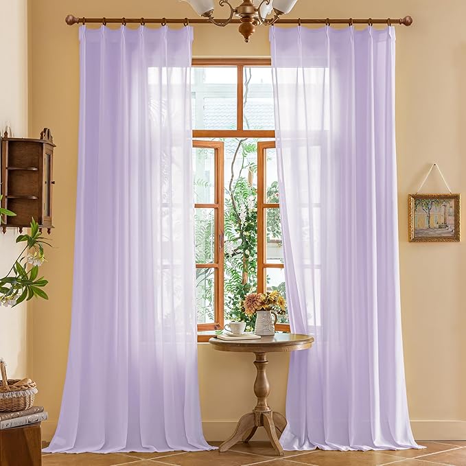 Lavender Sheer Pleated Curtains 84 Inches Long for Girls Bedroom Soft Touch Light Filtering Pinched Pleated Curtains with Hooks, Pastel Lilac, 42" W x 84" L, 2 Panels