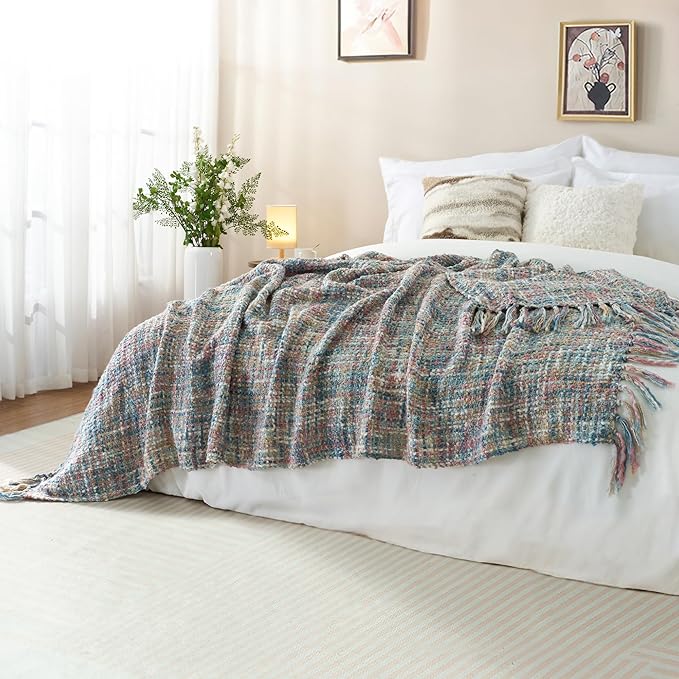 Multi-Color Pink Blue Cable Knitted Throw Blanket for Couch,50"X60" Boho Style Textured Blankets for Home Decor,Super Soft Warm Cozy Chunky Knit Blanket with Decorative Tassels for Bed