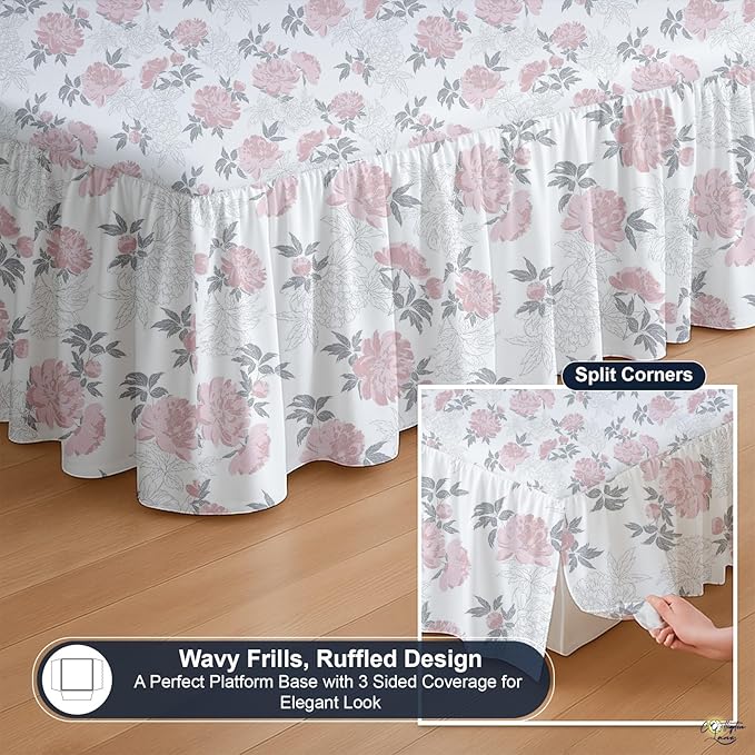 Cottington Lane Ruffled Bed Skirt King Size with Split Corner, Brushed Microfiber Hotel Quality Dust Ruffle, 18 Inch Drop Gathered Bedskirt, Soft, Stylish, Shrink & Fade Resistant, Blush Petals