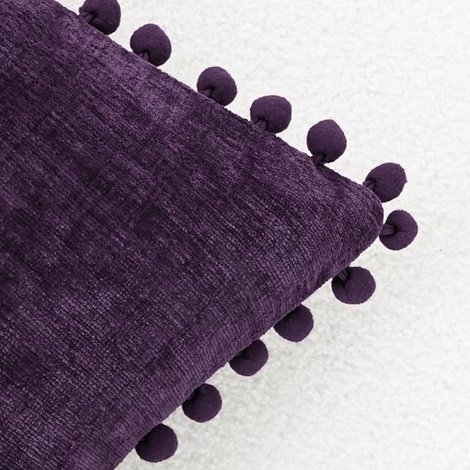 CaliTime Throw Pillow Covers Decorative 16 X 16 Inches Pack of 2 Cozy Solid Dyed Soft Chenille Cushion Cases with Pom Poms for Couch Sofa Bed Living Room Home Plum Purple