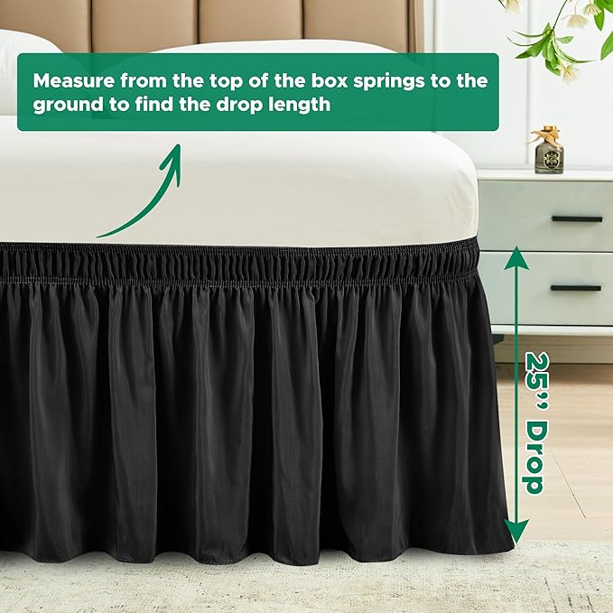 Biscaynebay Wrap Around Bed Skirts for Queen Beds with Extra Long Drop of 25", Black Adjustable Elastic Dust Ruffles Easy Fit Wrinkle Resistant Silky Luxurious Fabric Machine Washable