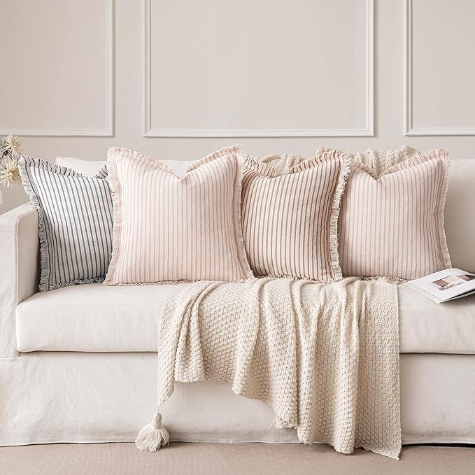 MIULEE Pack of 2 Pink Pillow Covers 20x20 Inch Striped Farmhouse Couch Spring Throw Pillow Covers with Fringe Chic Cotton Decorative Cushion Covers for Sofa Living Room Bed Outdoor Home Decor