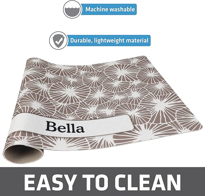 Drymate Personalized Pet Bowl Placemat, Custom Dog & Cat Food Feeding Mat - Absorbent Fabric, Waterproof Backing - Machine Washable/Durable (USA Made) (12" x 20") (Kahopo Grey)
