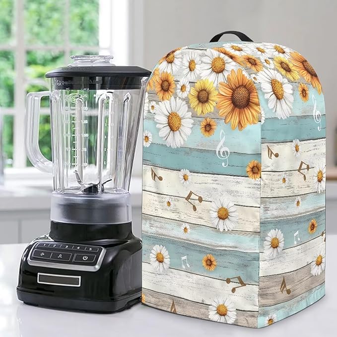 Kitchen Blender Food Processor Dust Cover with Top Handle and Drawstring, Dust Protection Easy to Clean Small Appliance Juicer Coffee Maker Cover Sunflower Daisy Blue Wood Grains