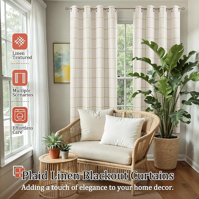 Sage Green Plaid Linen Blackout Curtains for Bedroom - Boho Style Curtains Thermal Insulated, Pattern Printed Rustic Drapes Window Treatments for Farmhouse, 52x63 Inch 2 Panels