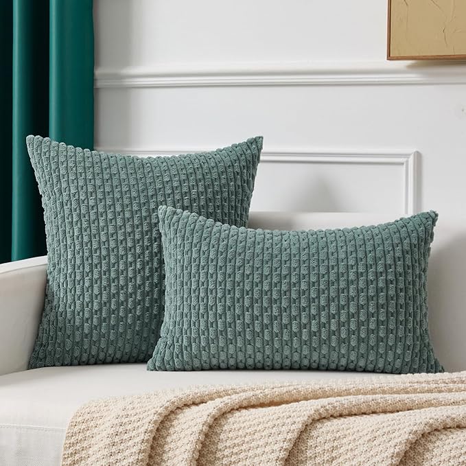 Kevin Textile 12x20 Inch Pillow Cover 1 Pack Boho Decorative Soft Striped Corduroy Lumbar Farmhouse Color Accent Rectangle Cushion Case for Living Room Couch Sofa Bed, Teal Green
