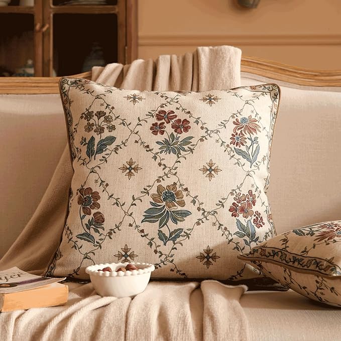 patdrea Designer Throw Pillow Covers,Square Euro Retro Style Light Brown Linen with Floral Pattern Pillow Cover,Decorative Pillowcases Cushion for Bed Living Room Outdoor Car,18"x18"