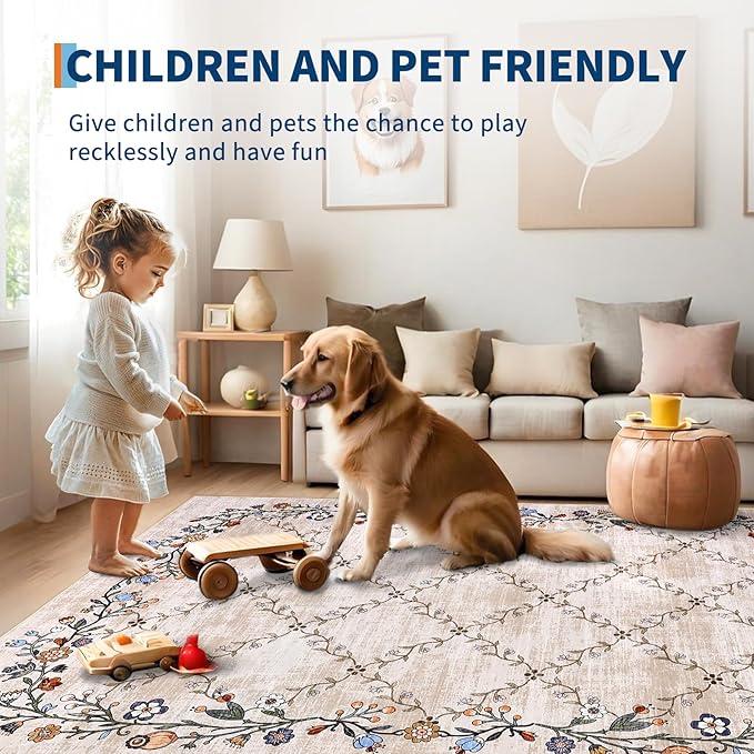 GarveeHome 9x12 Washable Floral Area Rugs for Living Room: Modern Floral Non Slip Large Area Rugs for Bedroom, Large Machine Washable Living Room Low Pile Carpet with Non-Slip Backing Beige 9'x12'.