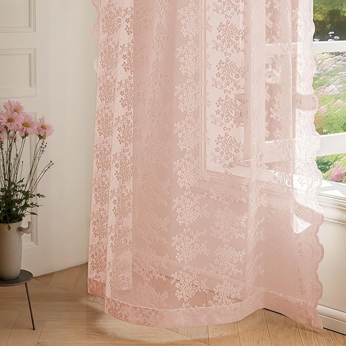 Anmao Vintage Lace Curtains 63 Inches Long 2 Panels Set, Romantic Elegant Light Filtering Semi Sheer Floral Thick Lacy Curtain Drapes for Living Room and Bedroom, Each Panel 55W x 63L, Blush Pink