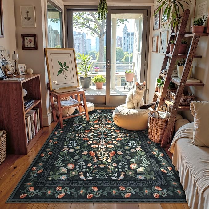 Lahome Floral Washable Rug 5x7, Black Rug for Bedroom Non-Slip Stain Resistant Soft Carpet for Living Room, Vintage Botanical Print Low-Pile Carpet for Kitchen Office Entryway, Black