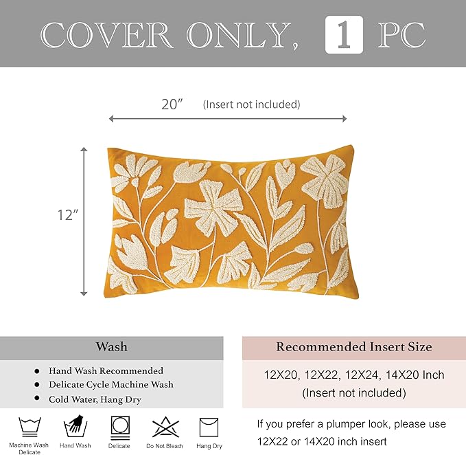 BlissBlush Fall Throw Pillow Cover 12x20, Yellow Mustard Soft Velvet Floral Decorative Lumbar Accent Throw Pillowcase, Tufted Farmhouse Textured Pillowcase for Couch Sofa Bed Living Room Home Décor