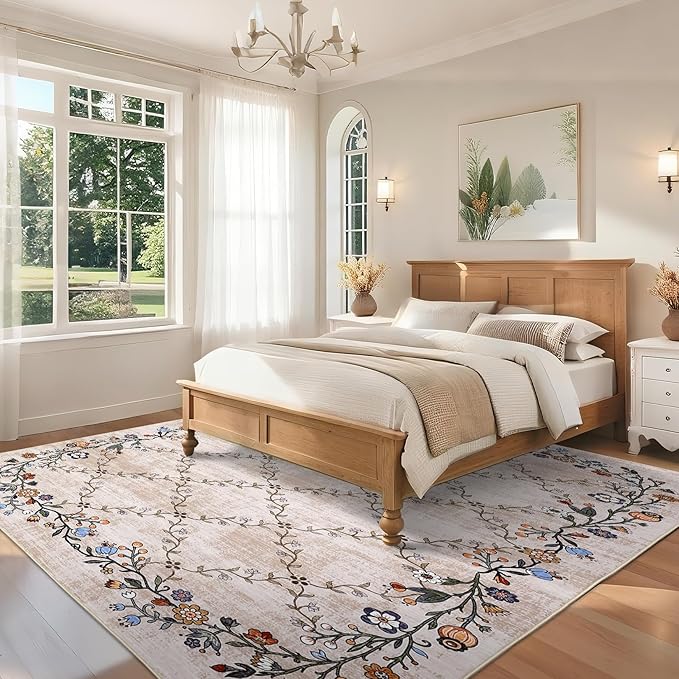 Garveehome 4x6 Washable Floral Area Rugs for Living Room: Modern Floral Non Slip Large Area Rugs for Bedroom, Large Machine Washable Living Room Low Pile Carpet with Non-Slip Backing Beige 4 ft x6 ft.