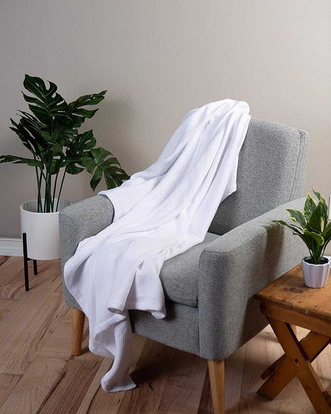 Sticky Toffee Cotton Throw Blanket 60x50 in – Woven Lightweight White Blanket for Couch or Bed, Soft Herringbone Weave, Boho Farmhouse Style