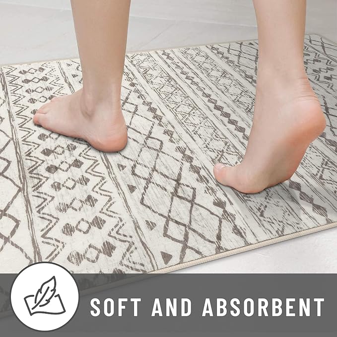 KUTA Round Washable Rug 5Ft Beige Boho Area Rugs for Living Room, Moroccan Foyer Throw Mat Non Slip, Soft Distressed Geometric Entry Circle Low-Pile Carpet for Bedroom Nursery Dorm Decor