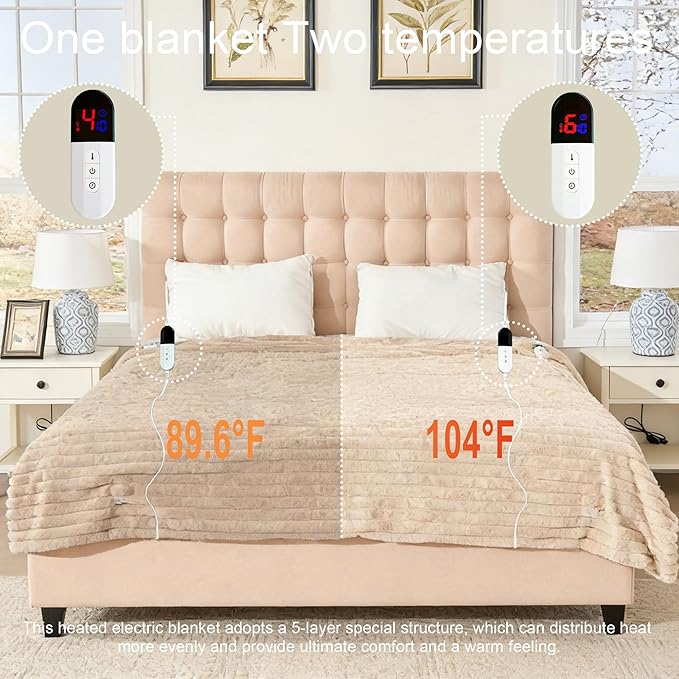 Electric Blanket, Soft Stripe Heated Blanket with 6 Heating Levels & 10 Hours Auto Shut Off with Fast Heating, Machine Washable, Khaki, 90 x 100 Inch
