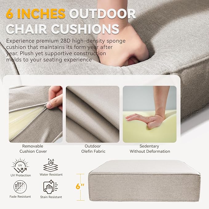 Outdoor Cushion Set for Furniture Patio Furniture, UV Resistant, Water Resistant - 6 Inch Thick Foam Garden Cushions– 22x24 Inch Patio Seat Covers for Chair/Sofa/Couch | Beige | 6-Pack |