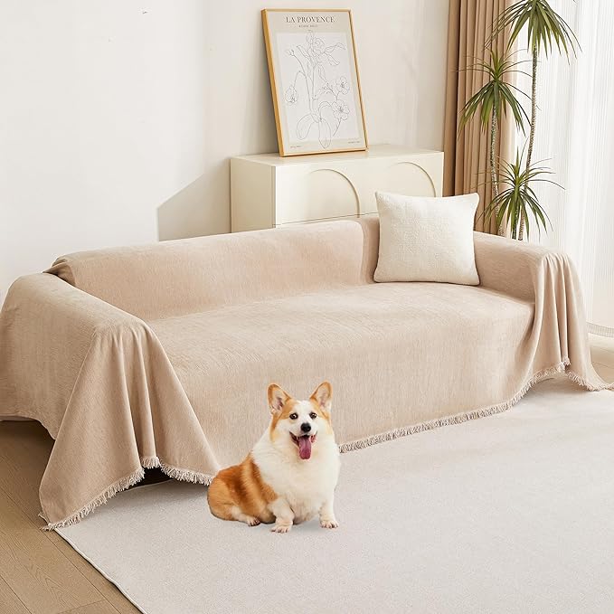 MYSKY HOME Dog Sofa Covers Khaki L-Shaped Sofa Slipcovers, Loveseat Couch Cushion Cover Tassel Edge, 91"x 118