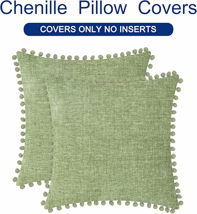 CaliTime Throw Pillow Covers Decorative 20 X 20 Inches Pack of 2 Cozy Solid Dyed Soft Chenille Cushion Cases with Pom Poms for Couch Sofa Bed Living Room Home Sage