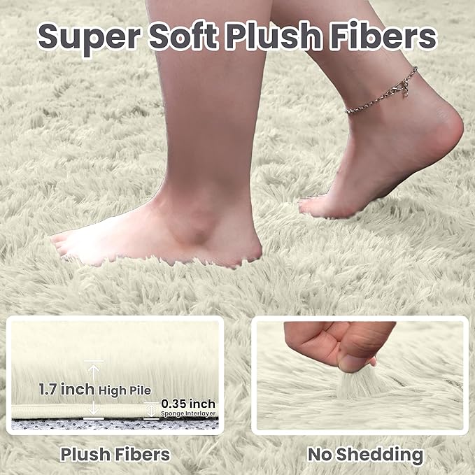 5x8 Area Rugs for Living Room: Soft Fluffy Shag Cream White Rugs for Bedroom, Non Slip Large Fuzzy Plush Rug Indoor Floor Carpet for Nursery Kids Boys Girls Room, Dorms, Playroom, Modern Home Decor