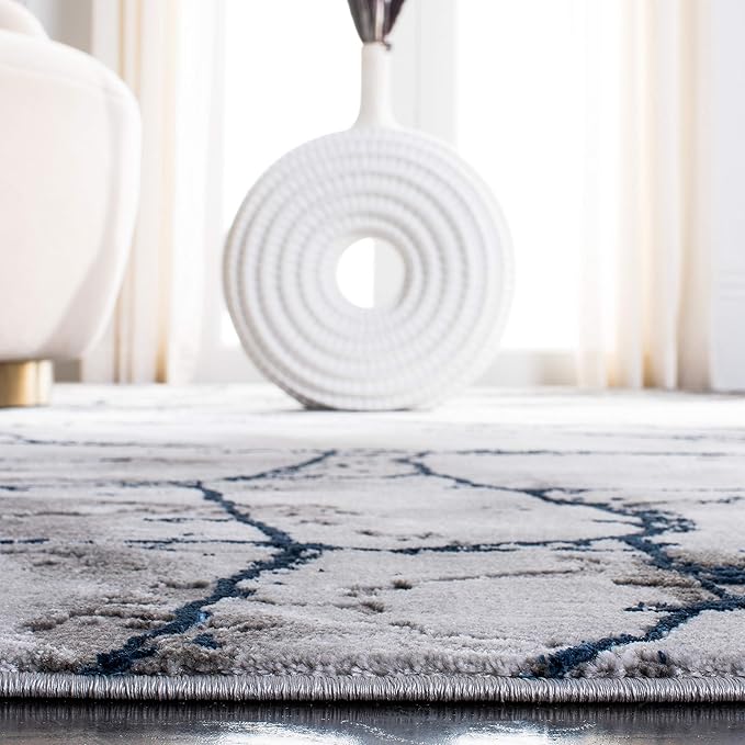 SAFAVIEH Craft Collection Area Rug - 6'7" Square, Ivory Grey & Blue, Modern Abstract Design, Non-Shedding & Easy Care, Ideal for High Traffic Areas in Living Room, Bedroom (CFT877M)
